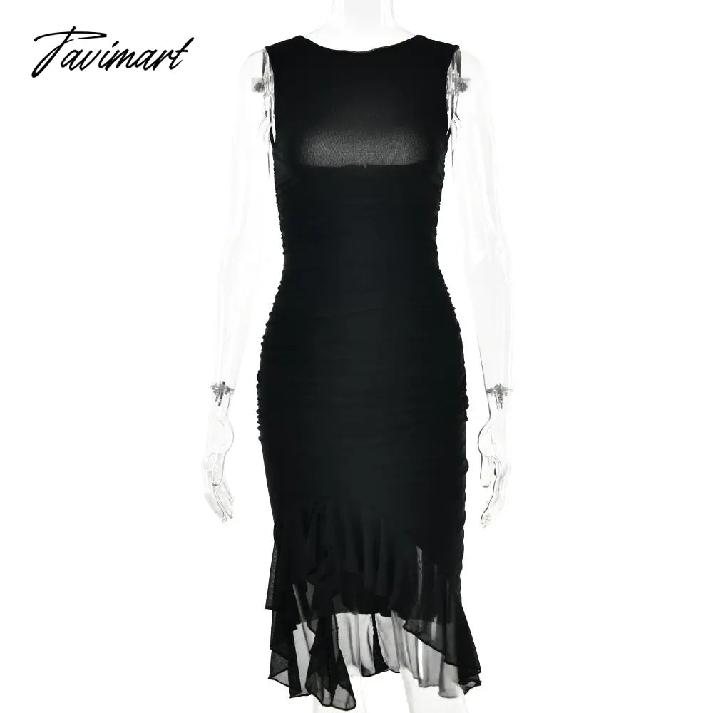 Dress Backless Prom Gown Folds Tight Dresses Summer Sleeveless Fashion Round Neck Sexy Mesh Luxury Woman Party Dress