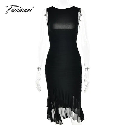 Dress Backless Prom Gown Folds Tight Dresses Summer Sleeveless Fashion Round Neck Sexy Mesh Luxury Woman Party Dress