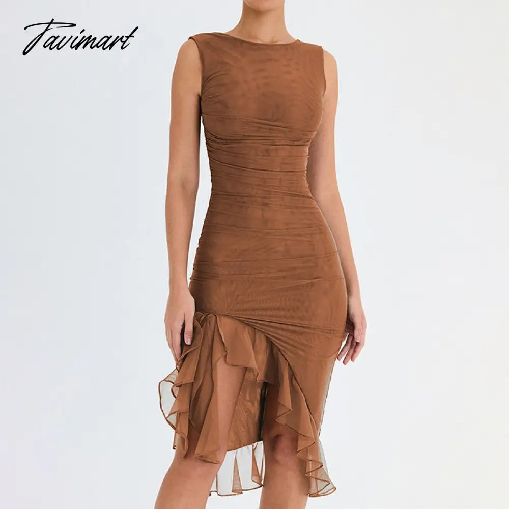 Dress Backless Prom Gown Folds Tight Dresses Summer Sleeveless Fashion Round Neck Sexy Mesh Luxury Woman Party Dress