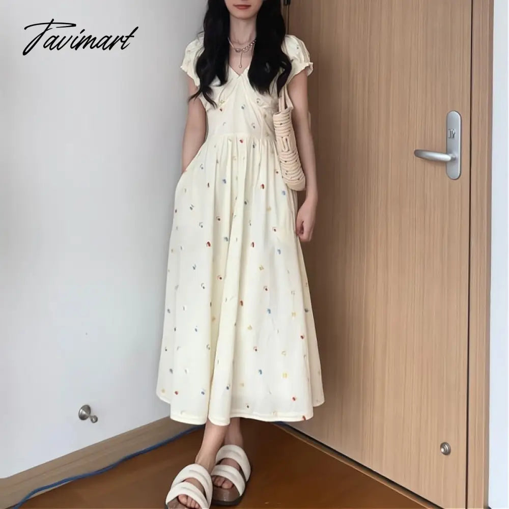 Dress Female Summer New Sweet Cute Slim-Fit Pleated V-neck A- line Dress Long Skirt