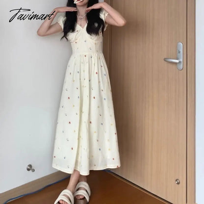 Dress Female Summer New Sweet Cute Slim-Fit Pleated V-neck A- line Dress Long Skirt