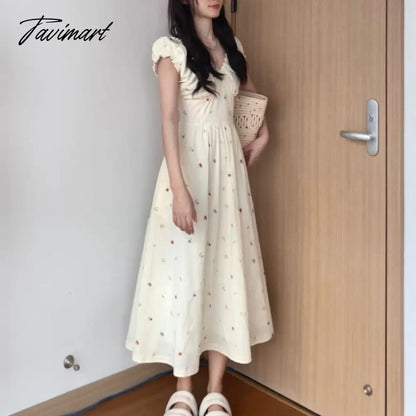 Dress Female Summer New Sweet Cute Slim-Fit Pleated V-neck A- line Dress Long Skirt