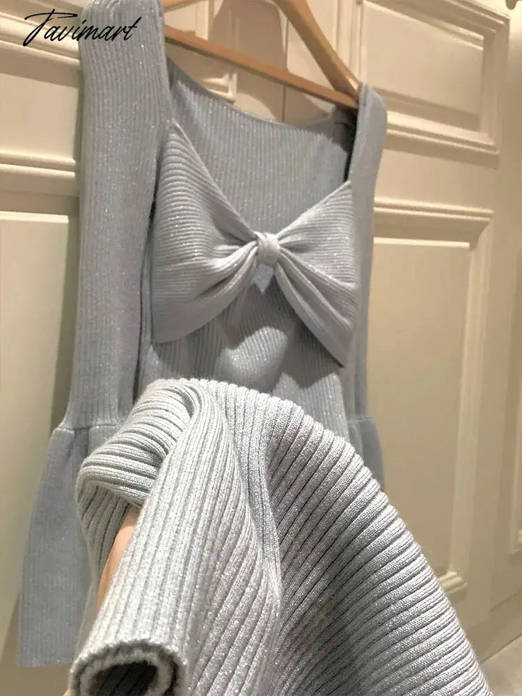 Dress for Women Long Sleeve Streetwear French Style Dresses Solid Bow Square Collar New Autumn Wimter Dress