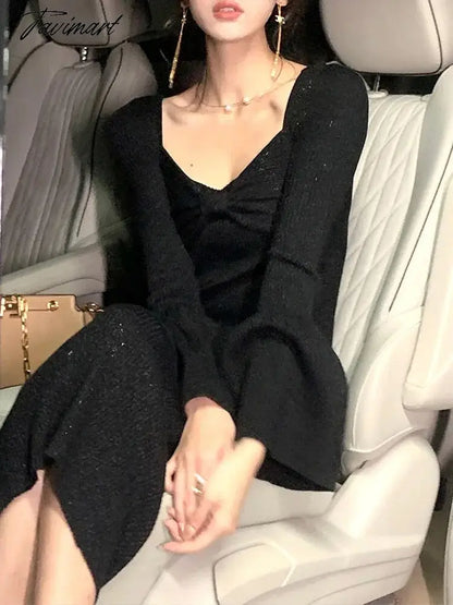 Dress for Women Long Sleeve Streetwear French Style Dresses Solid Bow Square Collar New Autumn Wimter Dress