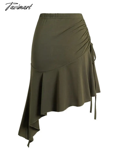 Dressfo Plain Color Skirts Cinched Asymmetrical Hem Flounce Elastic Waist Mini Skirt Summer Solid Green Casual Women's Skirt
