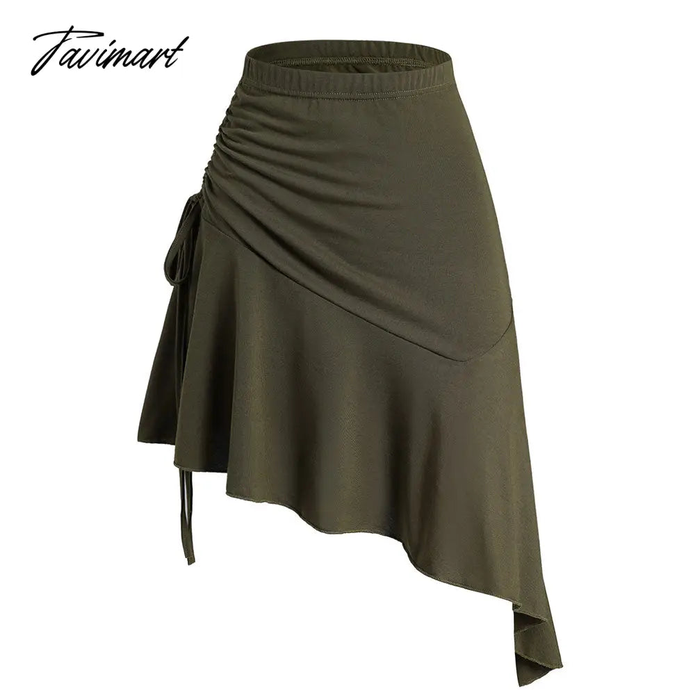 Dressfo Plain Color Skirts Cinched Asymmetrical Hem Flounce Elastic Waist Mini Skirt Summer Solid Green Casual Women's Skirt