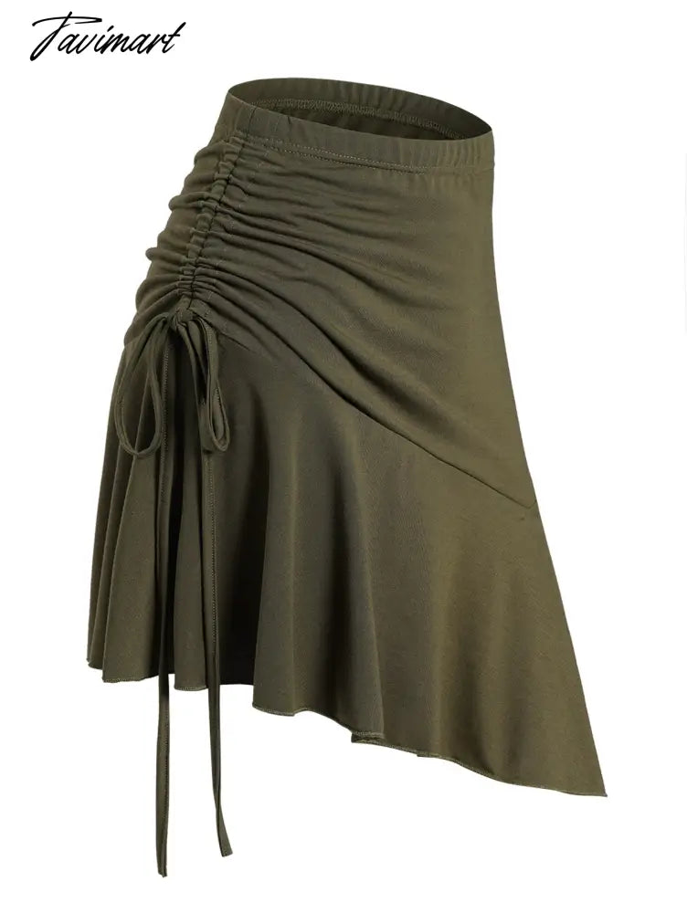 Dressfo Plain Color Skirts Cinched Asymmetrical Hem Flounce Elastic Waist Mini Skirt Summer Solid Green Casual Women's Skirt