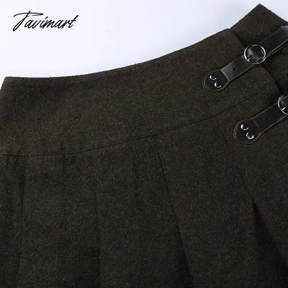 E-girl Black Skirt With Buckle Thick Woolen High Waist Pleated Mini Skirt Women EMO Punk Aesthetic Outfit