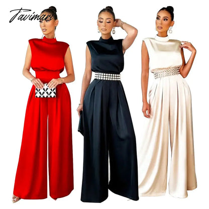 Echoine Sleeveless Turtleneck Wide Leg Jumpsuit Slim Sexy Elegant Silk Rompers Office OL Women One Piece Suit Overalls Clothing