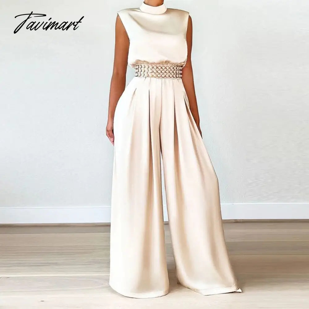 Echoine Sleeveless Turtleneck Wide Leg Jumpsuit Slim Sexy Elegant Silk Rompers Office OL Women One Piece Suit Overalls Clothing