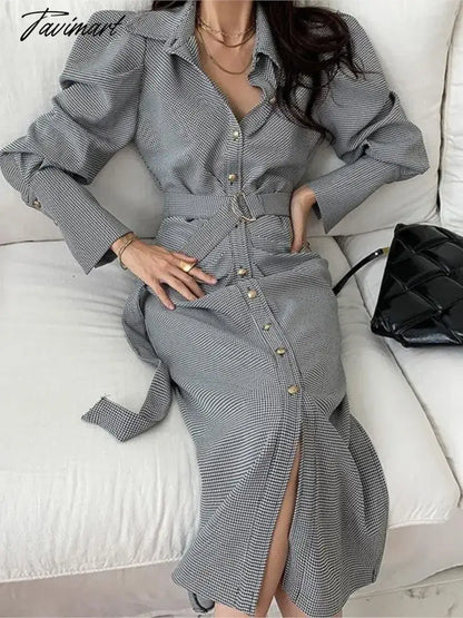 Elegant and Chic Women Shirts Dress Spring Single Breasted Plaid Casual Vintage Party Vestidos with Belted Female Fashion Mujers