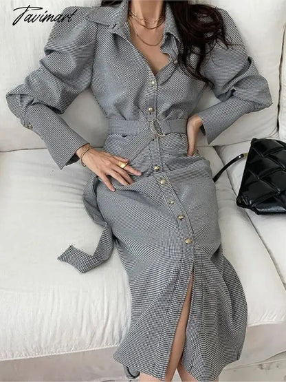 Elegant and Chic Women Shirts Dress Spring Single Breasted Plaid Casual Vintage Party Vestidos with Belted Female Fashion Mujers