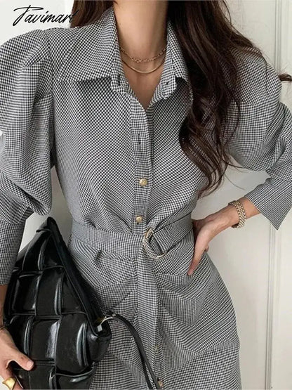 Elegant and Chic Women Shirts Dress Spring Single Breasted Plaid Casual Vintage Party Vestidos with Belted Female Fashion Mujers