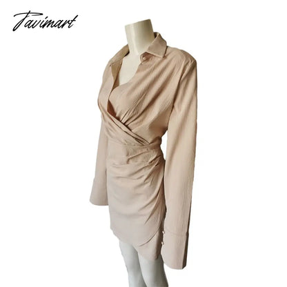 Elegant Black Padded Shoulder Shirt Dresses for Women Long Sleeve Fashion Sexy Ruched Casual Evening Party Mini Dress White