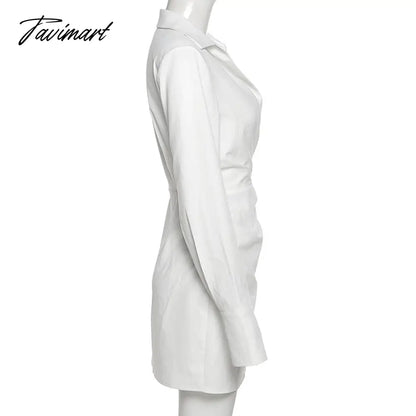 Elegant Black Padded Shoulder Shirt Dresses for Women Long Sleeve Fashion Sexy Ruched Casual Evening Party Mini Dress White