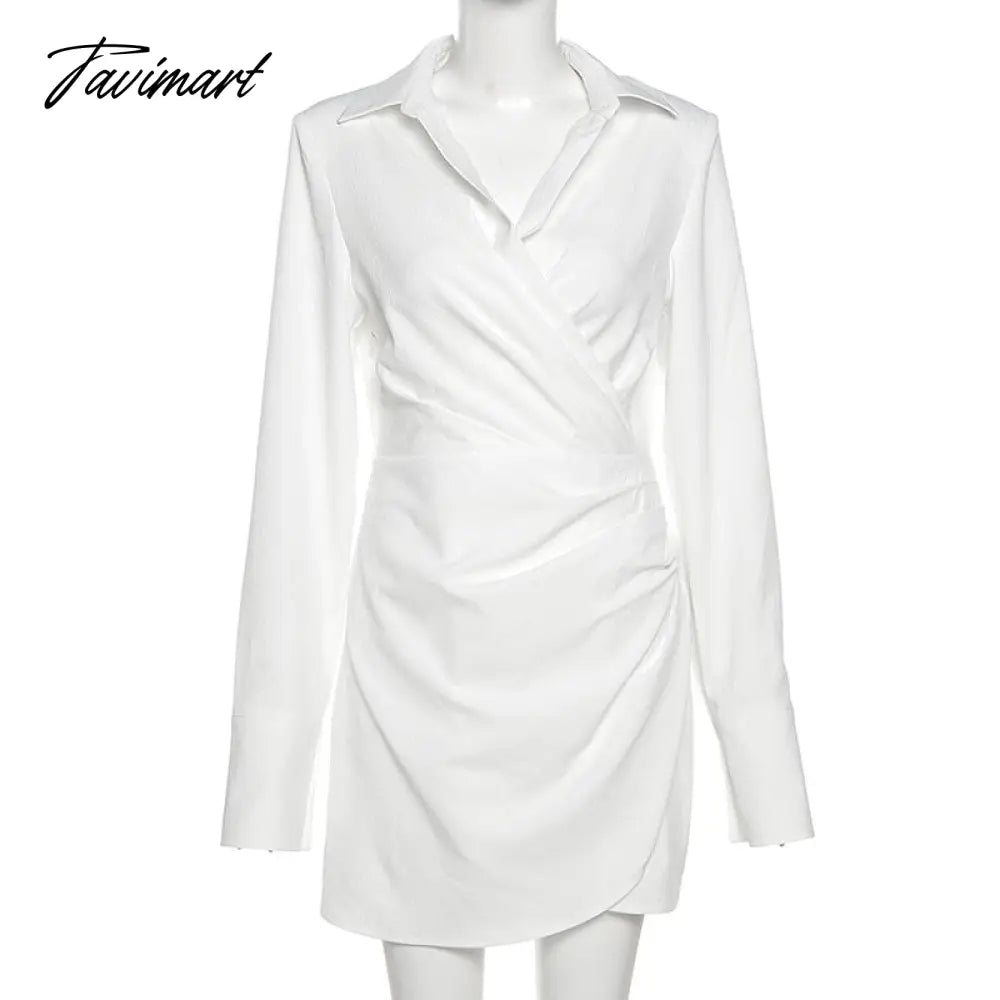 Elegant Black Padded Shoulder Shirt Dresses for Women Long Sleeve Fashion Sexy Ruched Casual Evening Party Mini Dress White