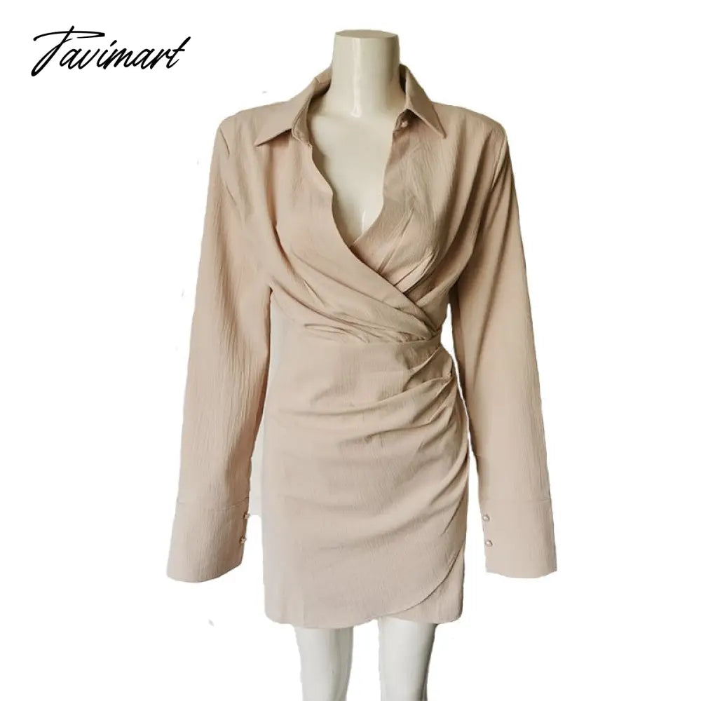 Elegant Black Padded Shoulder Shirt Dresses for Women Long Sleeve Fashion Sexy Ruched Casual Evening Party Mini Dress White
