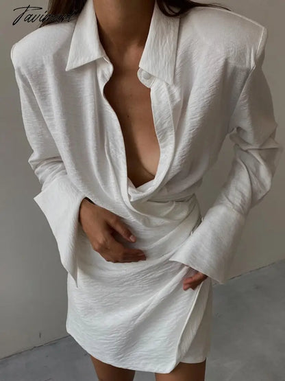 Elegant Black Padded Shoulder Shirt Dresses for Women Long Sleeve Fashion Sexy Ruched Casual Evening Party Mini Dress White