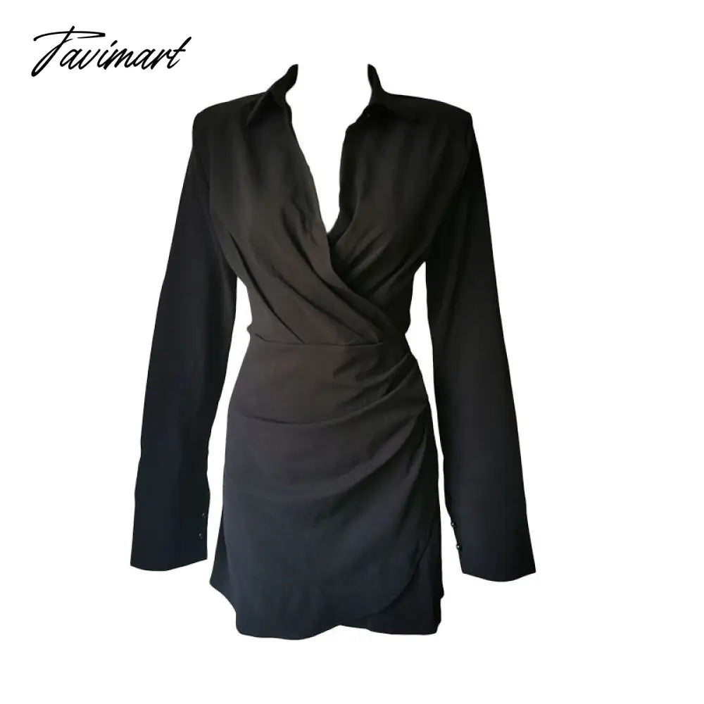 Elegant Black Padded Shoulder Shirt Dresses for Women Long Sleeve Fashion Sexy Ruched Casual Evening Party Mini Dress White