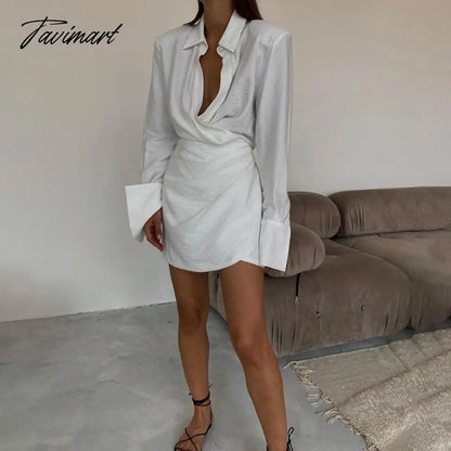 Elegant Black Padded Shoulder Shirt Dresses for Women Long Sleeve Fashion Sexy Ruched Casual Evening Party Mini Dress White