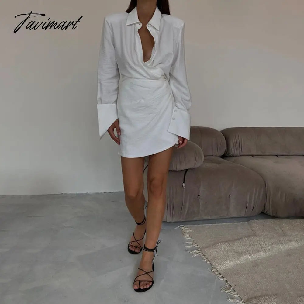Elegant Black Padded Shoulder Shirt Dresses for Women Long Sleeve Fashion Sexy Ruched Casual Evening Party Mini Dress White