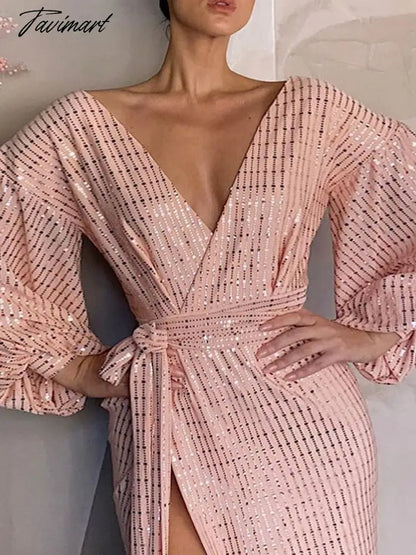 Elegant Bling Sequin Evening Gowns Dress Sexy V Neck Long Sleeve Women Prom Wedding Party Belt Split Dress Vestidos A1917