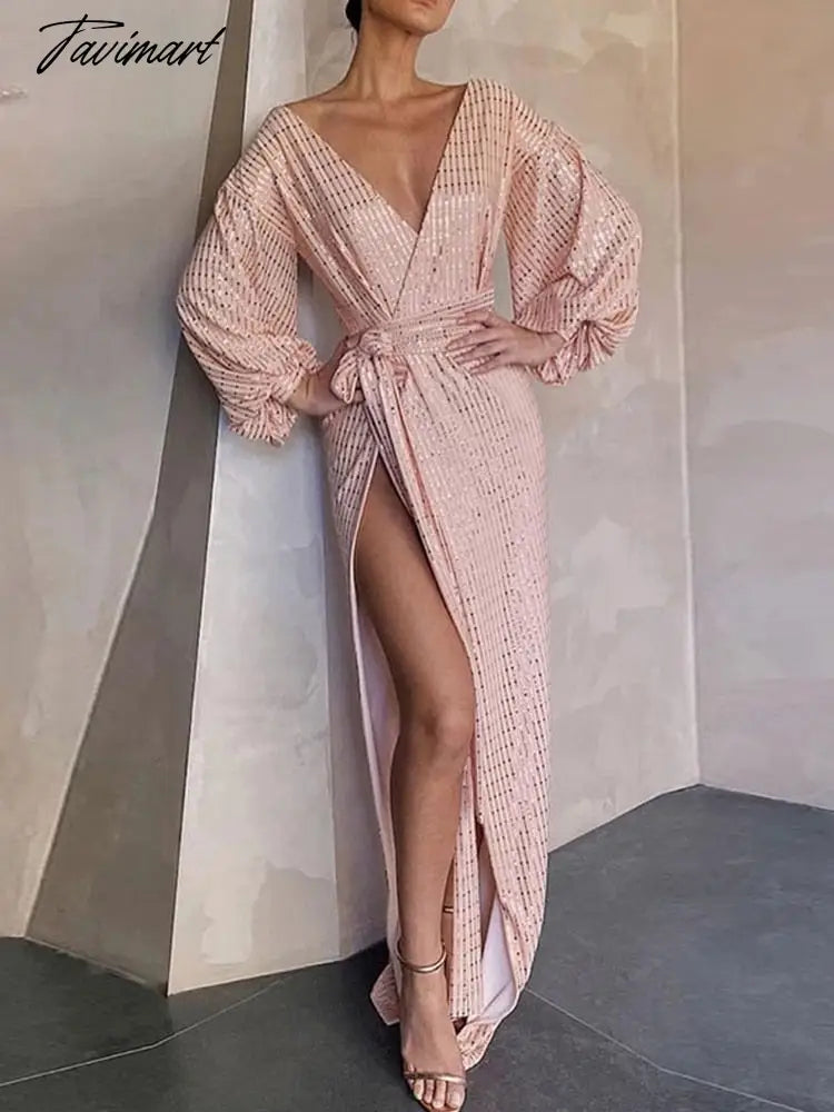 Elegant Bling Sequin Evening Gowns Dress Sexy V Neck Long Sleeve Women Prom Wedding Party Belt Split Dress Vestidos A1917