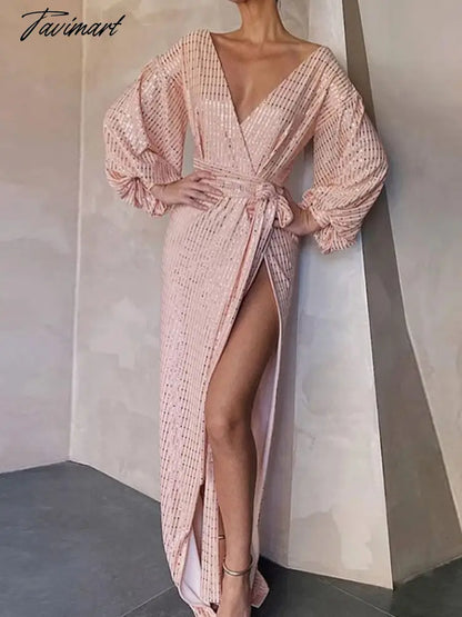 Elegant Bling Sequin Evening Gowns Dress Sexy V Neck Long Sleeve Women Prom Wedding Party Belt Split Dress Vestidos A1917
