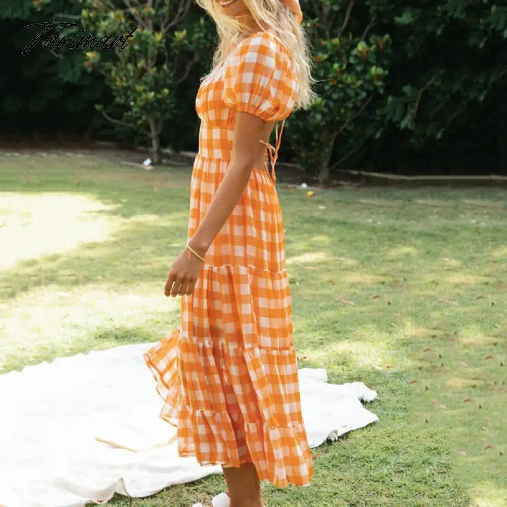 Elegant Boho Plaid Ruffle Summer Dress Short Sleeve High Waist Woman Dress Square Neck Backless Lace Up Ladies Party Dress