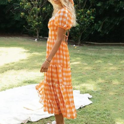 Elegant Boho Plaid Ruffle Summer Dress Short Sleeve High Waist Woman Dress Square Neck Backless Lace Up Ladies Party Dress