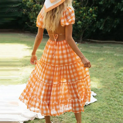 Elegant Boho Plaid Ruffle Summer Dress Short Sleeve High Waist Woman Dress Square Neck Backless Lace Up Ladies Party Dress