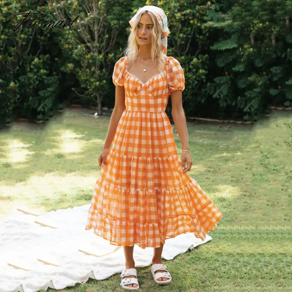 Elegant Boho Plaid Ruffle Summer Dress Short Sleeve High Waist Woman Dress Square Neck Backless Lace Up Ladies Party Dress