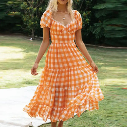 Elegant Boho Plaid Ruffle Summer Dress Short Sleeve High Waist Woman Dress Square Neck Backless Lace Up Ladies Party Dress