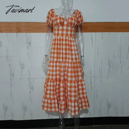 Elegant Boho Plaid Ruffle Summer Dress Short Sleeve High Waist Woman Dress Square Neck Backless Lace Up Ladies Party Dress