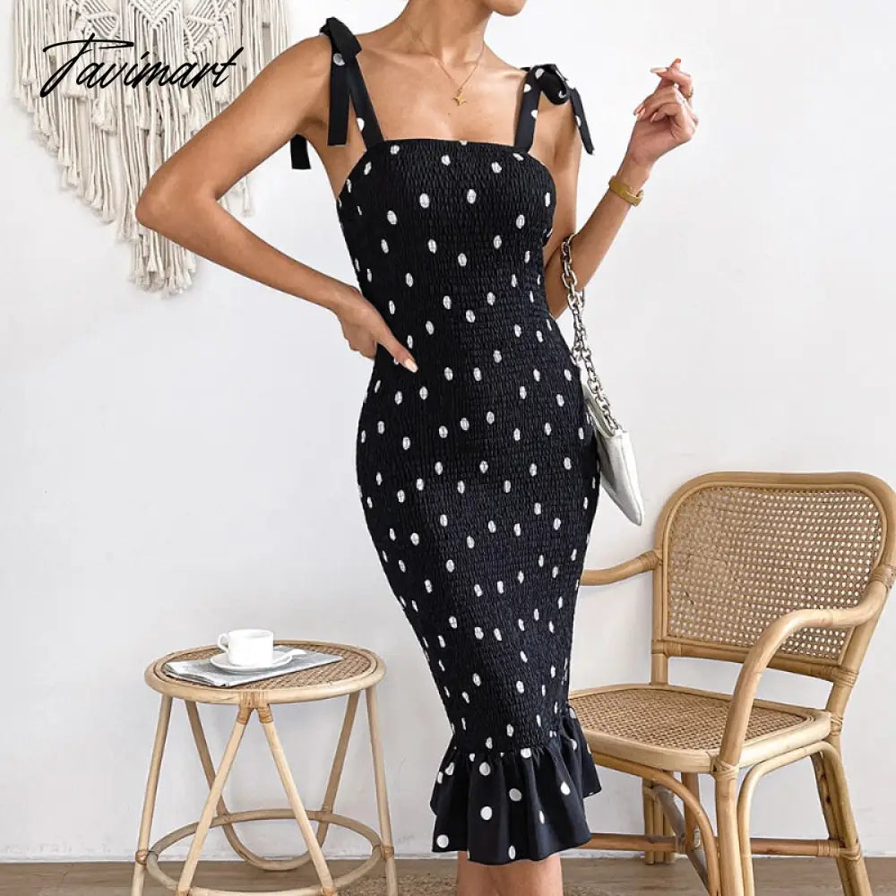 Elegant Dot Print Dress for Women's Summer Dresses New Skinny Elastic High Waist Sexy Bow Ruffle Midi Strap Dress