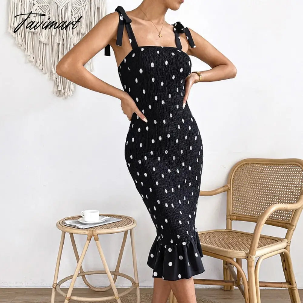 Elegant Dot Print Dress for Women's Summer Dresses New Skinny Elastic High Waist Sexy Bow Ruffle Midi Strap Dress