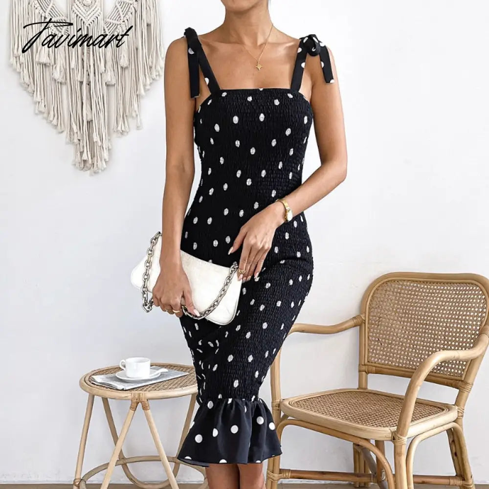 Elegant Dot Print Dress for Women's Summer Dresses New Skinny Elastic High Waist Sexy Bow Ruffle Midi Strap Dress