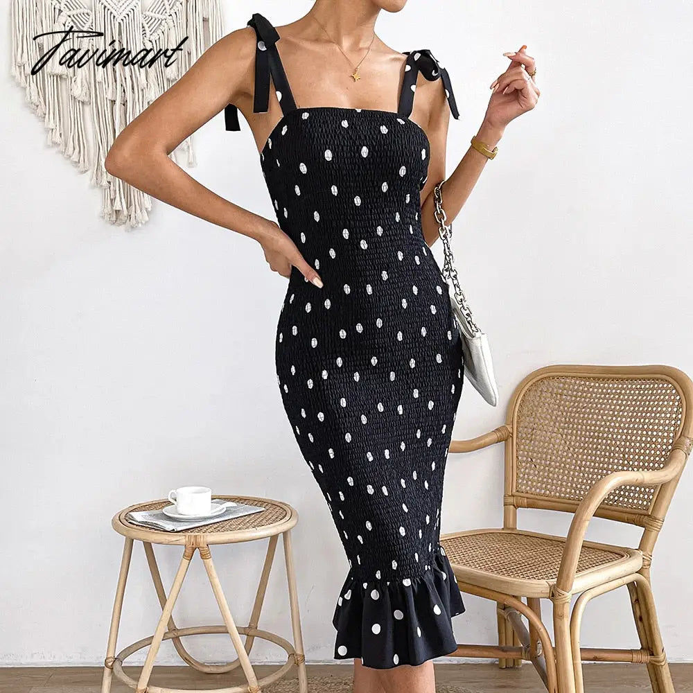 Elegant Dot Print Dress for Women's Summer Dresses New Skinny Elastic High Waist Sexy Bow Ruffle Midi Strap Dress