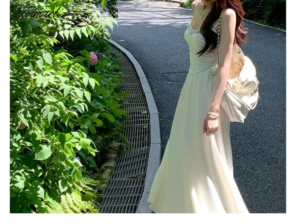 Elegant Dresses for Women Sleeveless Party French Style Dress Fairycore Folds Midi Spaghetti Strap New Spring Summer Dress