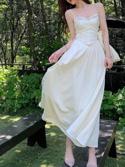 Elegant Dresses for Women Sleeveless Party French Style Dress Fairycore Folds Midi Spaghetti Strap New Spring Summer Dress