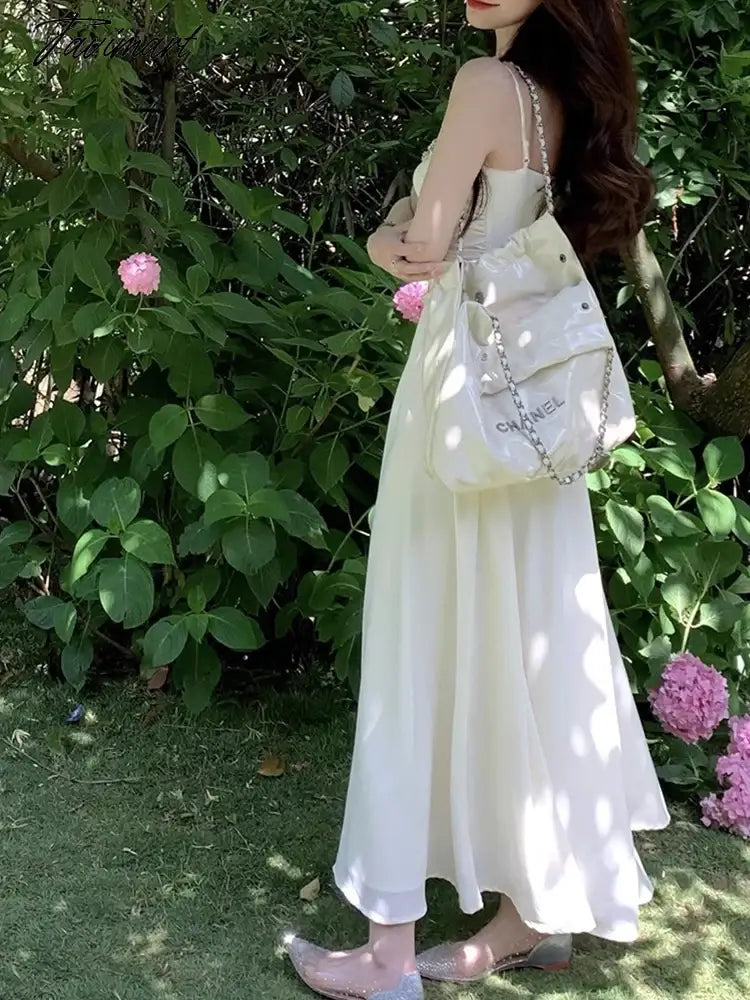 Elegant Dresses for Women Sleeveless Party French Style Dress Fairycore Folds Midi Spaghetti Strap New Spring Summer Dress