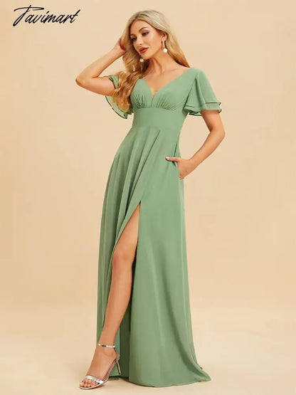 Elegant Evening Dresses Long A-LINE Short Sleeve V-neck Floor-Length Women Chiffon Simple Bridesmaid Party Dress