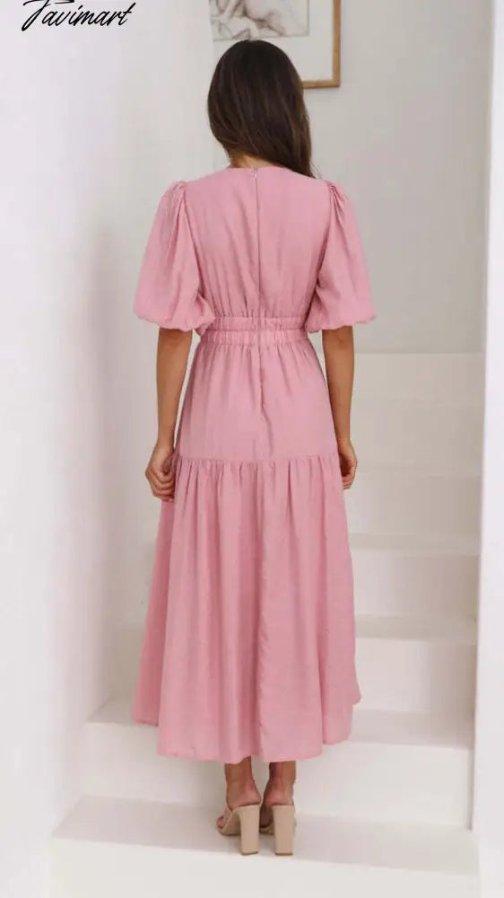 Elegant Fashion Deep V-neck Dresses for Summer Women Dress New Skinny Short Puff Sleeve Solid Midi Dress for Female