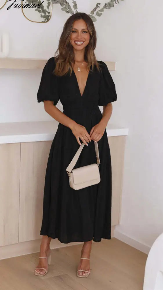 Elegant Fashion Deep V-neck Dresses for Summer Women Dress New Skinny Short Puff Sleeve Solid Midi Dress for Female