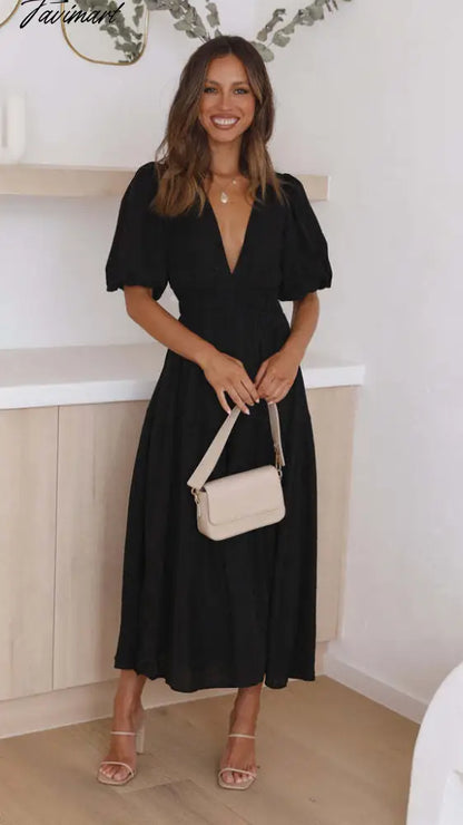 Elegant Fashion Deep V-neck Dresses for Summer Women Dress New Skinny Short Puff Sleeve Solid Midi Dress for Female