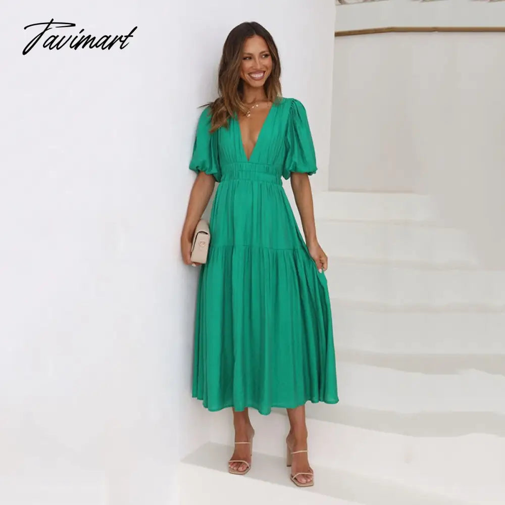 Elegant Fashion Deep V-neck Dresses for Summer Women Dress New Skinny Short Puff Sleeve Solid Midi Dress for Female
