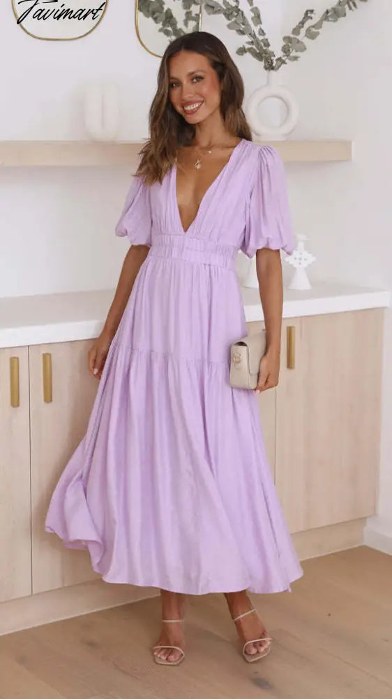 Elegant Fashion Deep V-neck Dresses for Summer Women Dress New Skinny Short Puff Sleeve Solid Midi Dress for Female