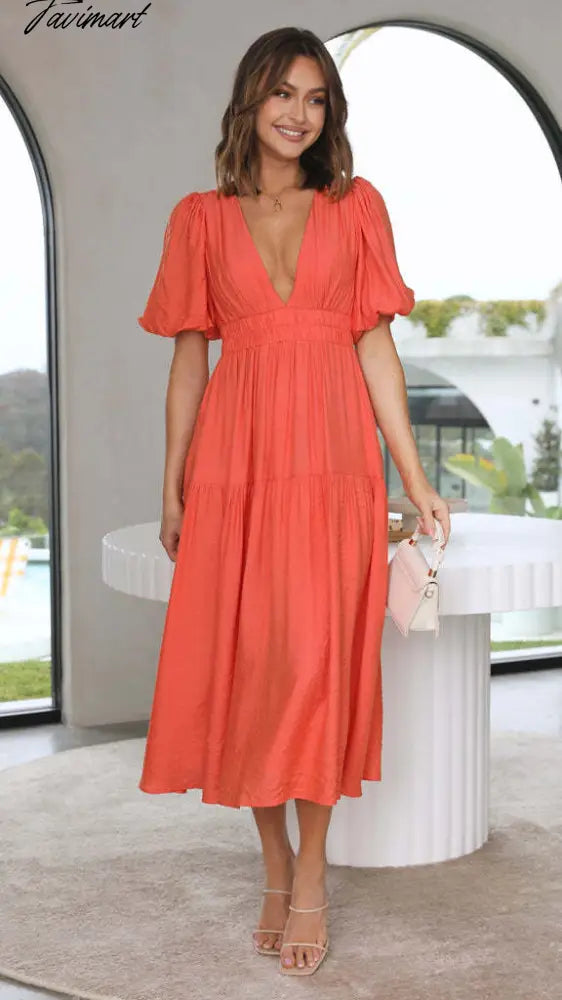 Elegant Fashion Deep V-neck Dresses for Summer Women Dress New Skinny Short Puff Sleeve Solid Midi Dress for Female