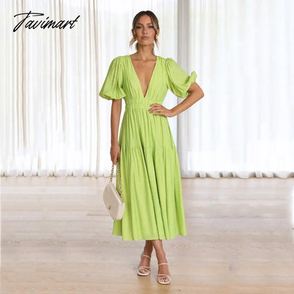 Elegant Fashion Deep V-neck Dresses for Summer Women Dress New Skinny Short Puff Sleeve Solid Midi Dress for Female