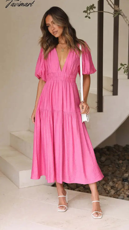 Elegant Fashion Deep V-neck Dresses for Summer Women Dress New Skinny Short Puff Sleeve Solid Midi Dress for Female